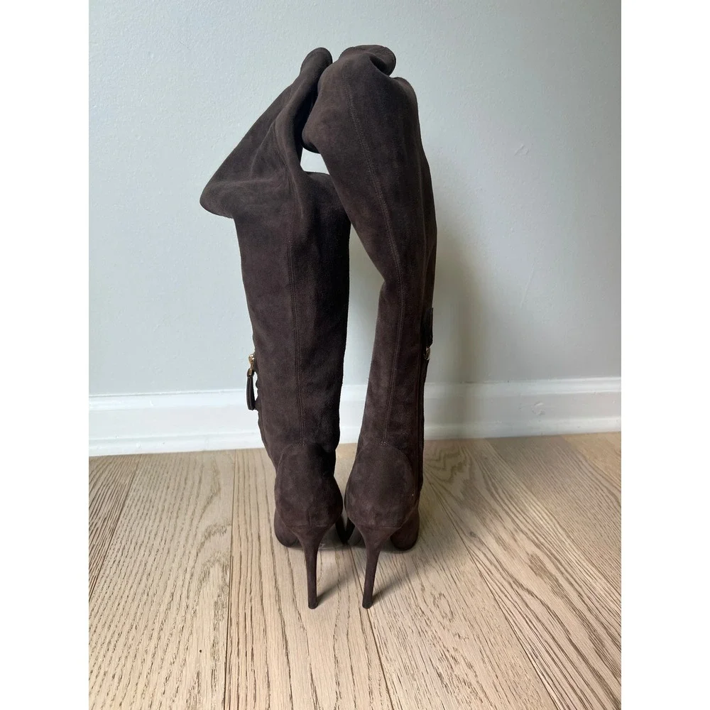 BALDAN Italy Brown Suede Over-The-Knee Boots Gold Cap Toe Stiletto 36 NWOB